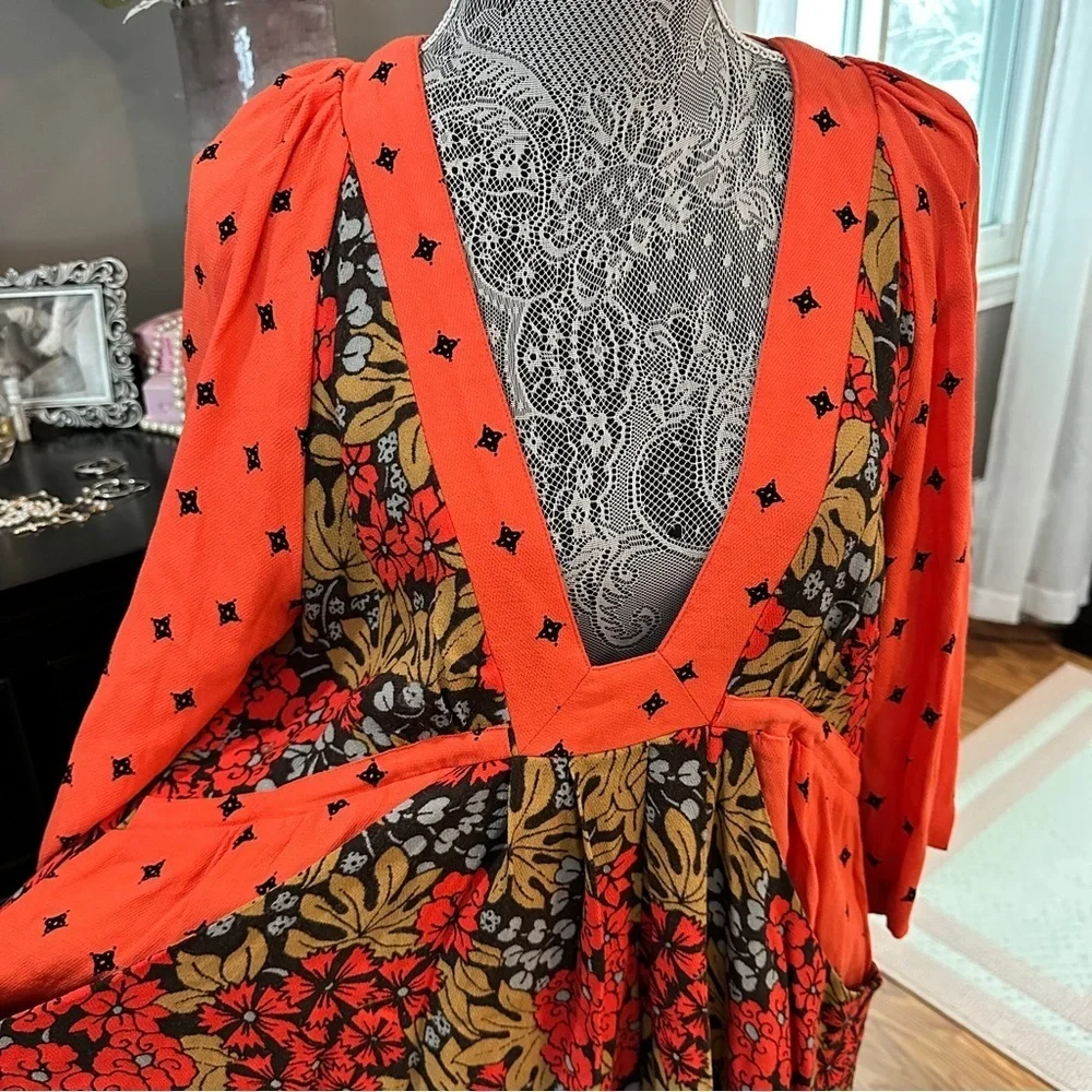 Free People Tallula Poppy Orange Deep-V Mixed Floral Boho Dress Size S
